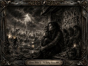 A windswept woman shelters beside companions as lightning tears across a riot-scarred city street. Deep charcoal textures, smoky blacks, muted grays, and faint amber firelight create a tense, apocalyptic mood. Crowds, flames, rain, and debris fill the distance, framed by weathered chrome, gold filigree, roses, guitar strings, and an engraved title plate.