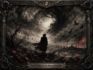 A solitary dark figure stands beneath a swirling moonlit storm, surrounded by twisted trees, circling black birds, and a distant shadowed city. Deep charcoal blacks, smoky grays, and restrained crimson accents create a mournful, ominous mood. Heavy textured brushwork and dramatic lighting evoke a brooding gothic oil painting framed in ornate black and gold.