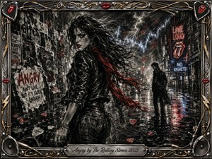 A fierce woman in a leather jacket strides through a rain-soaked neon city, glancing back toward a distant shadowed man. Deep charcoal textures, crimson accents, electric-blue lightning, wet reflections, torn posters, and drifting red lips create a tense, rebellious mood, framed by ornate chrome, gold inlay, guitar strings, speakers, and rock memorabilia.