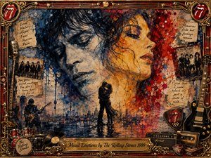 A dramatic mixed-media collage portrays overlapping male and female faces above an embracing couple in a rain-soaked city. Deep blues, fiery reds, gold, and sepia create emotional tension, while splattered paint, handwritten notes, guitars, drums, records, and Rolling Stones imagery surround the scene within an ornate musical frame.