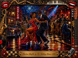 A glamorous couple dances beneath moonlit Harlem streets beside a lively jazz club, surrounded by musicians, glowing windows, and a vintage Cadillac. Rich reds, midnight blues, gold, and black create energetic warmth. Expressive oil-paint textures, wet reflections, dramatic spotlights, musical instruments, red lips, and ornate gold framing amplify the rhythmic nightlife atmosphere.