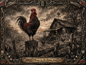 A proud red rooster commands a weathered fence post above a shadowy rural farmyard, framed by crooked timber, scattered hens, and a ramshackle coop. Deep charcoal and sepia textures create a smoky, blues-soaked mood, while restrained crimson accents and warm horizon light contrast with the ornate metallic, music-themed border.