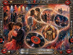 A vibrant rock-and-roll dreamscape blends romance, performance, and memory through swirling S-curves of light. A dancing couple anchors the scene beside vintage microphones, records, a jukebox, and concert imagery. Rich reds, golds, blues, and warm spotlights create nostalgic energy, framed by chrome, guitar strings, picks, and bright red lips.