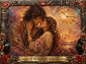A bohemian couple leans into an intimate embrace beneath glowing antique clocks, surrounded by swirling sunset colors of amber, rose, copper, and violet. Rich oil-like brushwork creates a dreamy, nostalgic mood. An ornate gold-and-chrome frame features roses, records, microphone details, guitar strings, red lips, and an engraved title plate.