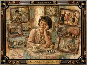 A weary 1960s mother sits in a faded turquoise kitchen, surrounded by framed memories of chores, children, suburbia, and quiet escape. Warm creams, dusty roses, browns, and muted blues glow beneath soft window light. Painterly collage textures, scattered pills, vintage objects, and an ornate musical frame deepen the bittersweet, anxious nostalgia.