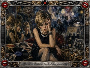 A glamorous yet distressed woman sits amid a chaotic 1966 London nightlife scene, surrounded by mirrors, records, photographs, spilled glasses, and shadowy crowds. Rich blacks, deep reds, muted golds, and smoky blues heighten the anxious mood. Expressive oil-paint textures, dramatic lighting, ornate chrome detailing, and vivid red lips frame the composition.