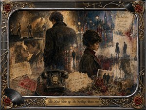 A rain-soaked 1960s memory unfolds in a richly textured collage, where a departing couple, distant band performance, vintage telephone, tickets, photographs, and wilted roses evoke finality and regret. Deep browns, black, gold, and muted blue glow beneath lamplight, framed by ornate chrome, records, strings, and floral details.