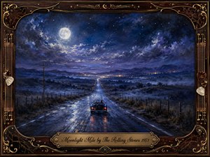A solitary vintage convertible travels a rain-slicked country road beneath a luminous full moon, surrounded by distant mountains and scattered valley lights. Deep blues, silvers, and violet clouds create a wistful, nocturnal mood. Painterly textures, glowing reflections, and an ornate rosewood-and-gold musical frame suggest loneliness, travel, memory, and quiet longing.