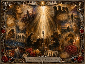 A radiant golden beam pours through a chapel-like setting onto musicians gathered around a piano and vintage microphone, surrounded by fading memories, embracing figures, roses, candles, distant roads, and city lights. Warm gold, sepia, crimson, and smoky blue tones create a reverent, nostalgic mood within an ornate, music-inspired mixed-media frame. SongData_Shine_A_Light_The_Rolling_Stones_1972