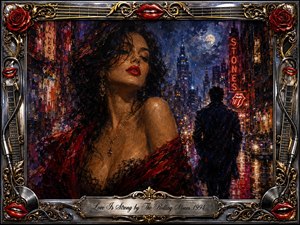 A seductive woman in a crimson wrap dominates a rain-soaked nighttime city scene, while a solitary man recedes toward glowing streets and vintage cars. Deep reds, midnight blues, gold, and chrome create a passionate noir mood. Expressive oil-like brushwork, neon reflections, roses, guitars, records, and ornate metallic framing heighten the romantic intensity.