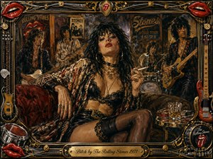 A sultry woman lounges on a crimson sofa in a smoky 1970s rock club as musicians perform behind her. Warm amber light, deep blacks, red accents, and aged gold create a decadent, rebellious mood. Rich oil-paint textures, vintage posters, guitars, drums, chrome details, and an ornate memorabilia frame complete the composition.
