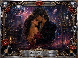 A glamorous couple embraces beneath shimmering disco lights in a smoky midnight lounge, surrounded by city glow and shadowy musicians. Rich oil-paint textures blend deep blues, purples, crimson, silver, and gold. An ornate rock-inspired frame of red lips, vinyl records, guitars, roses, and chrome enhances the seductive, tender atmosphere.