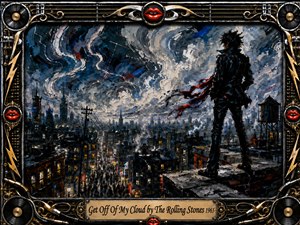 A lone leather-clad figure stands defiantly above a restless nighttime city beneath swirling storm clouds. Deep blues, charcoal blacks, silver grays, and sharp red accents create a rebellious, electric mood. Thick expressive brushwork suggests oil painting, while chrome, vinyl records, guitar strings, gold inlay, and bright red lips form an elaborate rock-themed frame.
