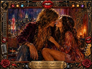 A bohemian couple leans intimately together in a candlelit city apartment, surrounded by rich crimson, amber, and midnight tones. Expressive painterly textures create a warm, seductive 1960s atmosphere. An ornate black-and-gold music-themed frame features red lips, roses, records, guitar details, spotlights, and an engraved title plate.