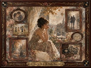 A wistful young woman sits beside a sunlit window, surrounded by framed memories of lovers, children, autumn paths, clocks, and vintage records. Warm rosewood, muted gold, cream, dusty pink, and soft brown tones create a nostalgic mood. Painterly oil and watercolor textures, gentle afternoon light, roses, musical details, and ornate framing suggest memories slowly fading with time.