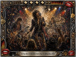 A fiery rock concert erupts with a swaggering singer gripping a vintage microphone, flanked by guitarist and drummer before a surging crowd. Thick, expressive oil-paint textures blend black, crimson, gold, and amber beneath blazing stage lights. An ornate chrome-and-gold musical frame, red lips, guitar details, records, and engraved title plate complete the rebellious composition.