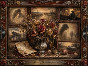 SongData_DeadFlowers_RollingStones_1971 A tarnished vase of wilted roses anchors a nostalgic collage of fading romance, lonely roads, trains, and a dim barroom. Warm sepia, burgundy, cream, and amber tones glow beneath soft lamplight. Painterly oil, acrylic, and watercolor textures blend with antique rosewood frames, gold filigree, guitar strings, records, and scattered petals.