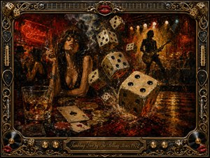 A smoky, seductive casino-rock scene centers on a glamorous woman surrounded by tumbling dice, scattered cards, poker chips, and a whiskey glass, while a guitarist performs beneath glowing stage lights. Rich reds, blacks, amber, and gold create a dangerous nocturnal mood, rendered in thick, expressive oil-paint textures within an ornate musical frame.