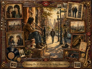 A warmly nostalgic city scene shows a musician waiting on brownstone steps as a friend approaches along a sunlit New York street. Golden autumn light, earthy browns, muted blues, vintage photographs, records, saxophones, guitar strings, and ornate rosewood framing create a tender, lived-in collage blending oil, acrylic, and watercolor textures.