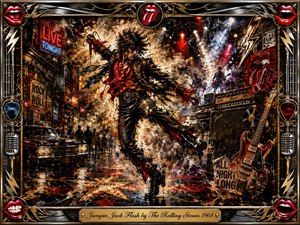 A fiery rock-and-roll figure surges through a rain-slicked nighttime street amid guitars, amplifiers, neon signs, stage lights, and smoky concert energy. Explosive reds, blacks, golds, and electric whites create rebellious intensity. Painterly textures and collage-like details fill the scene, framed by chrome, instruments, bright lips, and an engraved title plate.