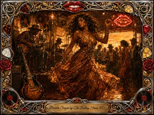 A spirited woman dances through a smoky vintage juke joint as musicians perform nearby, surrounded by warm amber, brown, crimson, and gold tones. Painterly oil textures, glowing sunset light, vinyl records, guitars, neon lips, and a richly ornamented chrome-and-gold musical frame create a sensual, energetic, nostalgic rock-and-roll atmosphere.