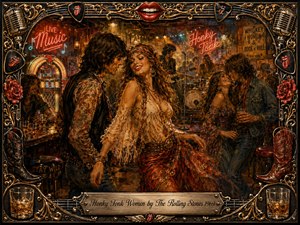 A sultry honky-tonk dance floor pulses with flirtation, music, and late-night energy as couples sway beneath glowing neon signs and amber stage lights. Rich reds, browns, golds, and smoky shadows create a vintage oil-painted atmosphere. An ornate musical frame features roses, microphones, guitars, whiskey glasses, and a centered engraved title plate.
