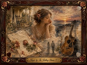 A wistful woman sits at the heart of a faded memory collage, surrounded by an empty porch, handwritten letters, roses, a sunset shoreline, an acoustic guitar, and a departing couple. Warm sepia, dusty rose, cream, and smoky blue tones create a tender, melancholic glow, framed by ornate rosewood, gold filigree, strings, picks, and roses.