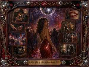 A glamorous woman in a shimmering red dress stands beneath a disco ball in a smoky 1970s nightclub, surrounded by framed memories of romance, city lights, music, and longing. Rich burgundy, gold, violet, and blue tones glow through impressionistic oil textures, while an ornate musical frame deepens the nostalgic, seductive mood.