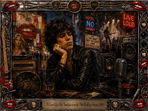 A brooding rock figure leans pensively amid a gritty 1960s nightlife collage, surrounded by neon signs, amplifiers, vinyl records, microphones, radios, and bright red lips. Deep blacks, burnished gold, crimson, and electric blue create restless energy, while dramatic stage lighting and thick painterly textures evoke rebellious frustration and urban excess.