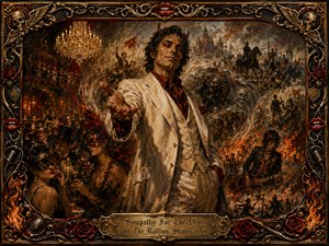 A charismatic devilish host in an ivory suit commands a decadent ballroom where masked revelers, battle scenes, skulls, flames, and a guitarist swirl through smoky history. Deep crimson, antique gold, black, and ember tones glow beneath chandelier and firelight. Rich oil-paint textures and an ornate rock-inspired frame create seductive, sinister theatrical drama.