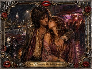 A weary, romantic couple embraces beneath glowing city lights outside a late-night music club, their closeness suggesting devotion and vulnerability. Rich burgundy, amber, violet, and chrome tones shimmer across wet pavement. Expressive oil-like brushwork adds warmth and nostalgia, while roses, red lips, guitars, records, and metallic ornamentation frame the scene.