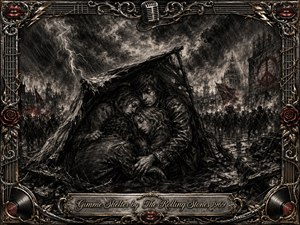 A charcoal-dark storm scene shows four figures huddled beneath a torn shelter as lightning fractures a turbulent sky and unrest fills the ruined city beyond. Deep blacks, smoky grays, muted reds, and metallic highlights create a desperate, ominous mood. An ornate rock-inspired frame features strings, records, roses, lips, and engraved title lettering.