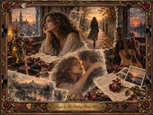 A wistful young woman rests beside a rain-streaked window as fading memories unfold around her in a romantic collage of autumn paths, tender embraces, roses, handwritten letters, vinyl, and an acoustic guitar. Warm amber, sepia, dusty rose, and blue-gray tones glow through soft sunset light in richly textured mixed-media brushwork.