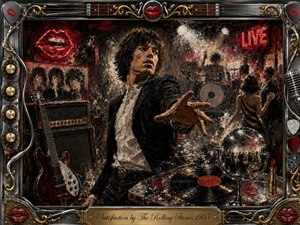 A charismatic rock singer reaches toward the viewer inside a smoky 1960s club, surrounded by drums, guitars, amplifiers, vinyl records, and glowing red neon. Rich blacks, crimson, chrome, and gold create a rebellious, electric mood. Thick expressive paint textures, dramatic spotlights, red lips, and an ornate instrument-themed frame intensify the vintage rock atmosphere.