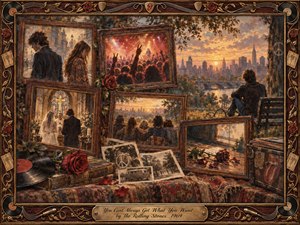 A richly textured nostalgic collage frames fading memories of love, music, friendship, and reflection against a glowing city sunset. Warm amber, sepia, crimson, and smoky blue tones blend through oil, acrylic, and watercolor effects. Rosewood frames, roses, records, tickets, and gold musical details create a bittersweet, romantic atmosphere.
