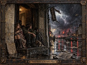 A weary group huddles beneath a battered doorway while a rain-soaked city burns beneath storm-dark skies. Warm amber shelter light contrasts with cold charcoal clouds, red fire, and reflective streets. Painterly realism, distressed textures, scattered newspapers, peace symbols, and a rugged instrument-inspired frame create tension, vulnerability, and fragile hope.