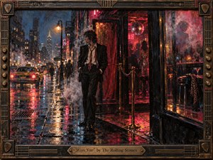 A solitary man lingers outside a glowing late-night club on a rain-slick city street, surrounded by neon reflections, drifting smoke, taxis, and distant pedestrians. Deep blues, crimson, magenta, and amber create a seductive yet lonely mood. Rich painterly textures, disco-era details, and a guitar-inspired metal frame heighten the restless urban atmosphere.