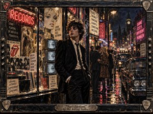 A defiant young man stands outside a glowing 1960s record shop on a rain-soaked city street, surrounded by neon signs, televisions, posters, crowds, and chrome cars. Crimson, amber, blue, and black reflections create a restless, seductive mood, while gritty painterly textures and a guitar-inspired frame reinforce the rebellious rock atmosphere.