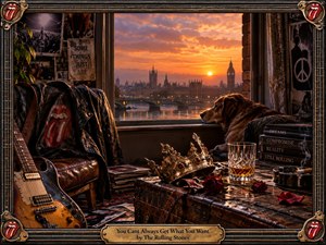 A weathered rock-and-roll room overlooks London at glowing sunset, balancing longing, compromise, and hard-won acceptance. A worn guitar, leather jacket, tarnished crown, roses, whiskey, records, and resting dog fill the richly textured foreground. Warm amber light contrasts with deep shadows, while the ornate metal frame reinforces the vintage, reflective mood.