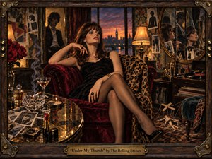 A poised woman reclines in a deep red velvet chair inside a richly decorated London room, while a shadowed man watches from behind. Warm amber lamps, smoky reflections, leopard print, scattered photographs, records, and mirrored surfaces create a tense, decadent 1960s atmosphere rendered with cinematic realism and luxurious detail.