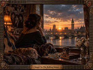 A solitary woman sits beside a rain-speckled window overlooking London at sunset, wrapped in a dark patterned blanket beside a resting golden dog and acoustic guitar. Warm lamplight contrasts with the cool stormy sky, creating a wistful, intimate mood. Rich browns, amber, and charcoal tones enhance the cinematic realism, ornate vintage frame, and nostalgic detail.