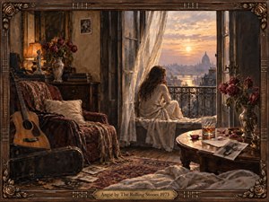 A solitary woman sits beside open balcony doors in a richly furnished 1970s room, gazing across a glowing city at sunset. Warm amber light contrasts with deep browns, faded reds, and cream fabrics. A worn acoustic guitar, scattered photographs, roses, whiskey glass, and ornate wooden frame deepen the reflective, bittersweet atmosphere.