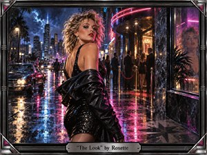 A glamorous woman in a black sequined dress and leather jacket turns confidently on a rain-slicked neon city street, framed by nightlife, classic cars, and glowing storefronts. Electric pink, blue, and amber reflections create a seductive, energetic mood, while cinematic lighting, glossy textures, and an ornate metallic frame evoke polished late-1980s pop-rock style.