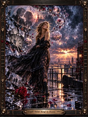 A windswept woman in a flowing black dress stands on a rain-soaked rooftop above a glowing city at stormy sunset. Shattered glass, floating memory bubbles, roses, and a broken clock curve around her in a dramatic S-shape. Deep blues, bronze light, and crimson accents create cinematic romantic tension.