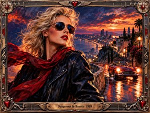 A windswept blonde woman in sunglasses and black leather dominates a dramatic coastal city at sunset, her red scarf echoing the glowing road and vintage convertible below. Rich orange, crimson, blue, and gold tones create a glamorous, dangerous mood, framed by ornate metallic musical details in a polished cinematic digital painting style.