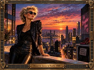 A confident blonde woman in black sequins, leather, sunglasses, and red lipstick overlooks a glowing city skyline at sunset. Warm orange and magenta light reflects across towers and water, creating an ambitious, glamorous mood. A detailed metallic music-inspired frame, red heels, neon writing, and engraved title plate reinforce the polished 1980s pop aesthetic.