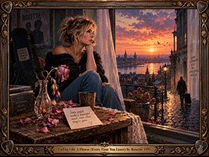 A contemplative blonde woman sits beside an open window overlooking a glowing European city at sunset as a lone traveler departs along a rain-slicked street. Warm orange light contrasts with deep interior shadows, wilted roses, scattered petals, books, and handwritten notes, creating a richly detailed, romantic oil-painted atmosphere of longing and farewell.