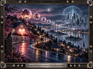 A glowing suburban home anchors a rain-slicked nightscape, where winding light trails lead toward a futuristic city crowned by a luminous brain. Memory-filled orbs float through violet-blue skies, blending romance, nostalgia, and intellect. Warm heart-shaped light contrasts with cool metallic architecture inside an ornate musical frame.
