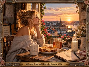 A dreamy sunrise scene shows a relaxed woman beside an open window overlooking a glowing European city and river. Warm amber light fills the rustic room, illuminating flowers, toast, honey, milk, a sleeping cat, and handwritten notes. The cinematic photographic style creates a tender, nostalgic mood of comfort, hope, and quiet reflection.