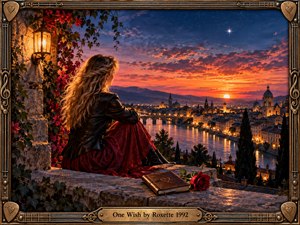 A woman in a black leather jacket and deep red skirt overlooks a glowing riverside city at sunset, surrounded by roses, ivy, and warm lantern light. Rich orange, crimson, and blue tones create a romantic, wistful mood, framed by ornate metallic musical details, guitar picks, and a vintage engraved title plate.